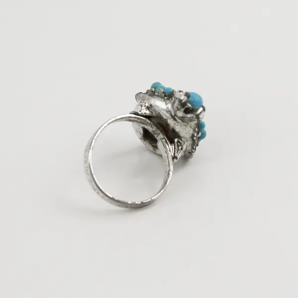 Silvertone Enamel Marcasite And Turquoise Bee Shaped Ring  Size 7 Adjustable