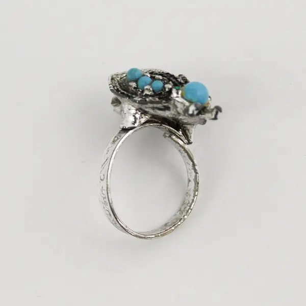 Silvertone Enamel Marcasite And Turquoise Bee Shaped Ring  Size 7 Adjustable