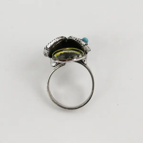 Silvertone Enamel Marcasite And Turquoise Bee Shaped Ring  Size 7 Adjustable