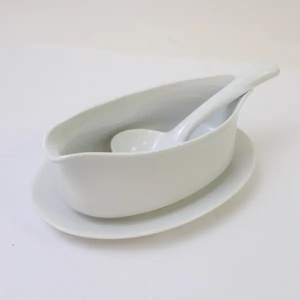 White Ceramic Gravy Boat with Attached Saucer & Matching Ladle