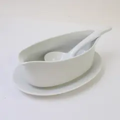 White Ceramic Gravy Boat with Attached Saucer & Matching Ladle