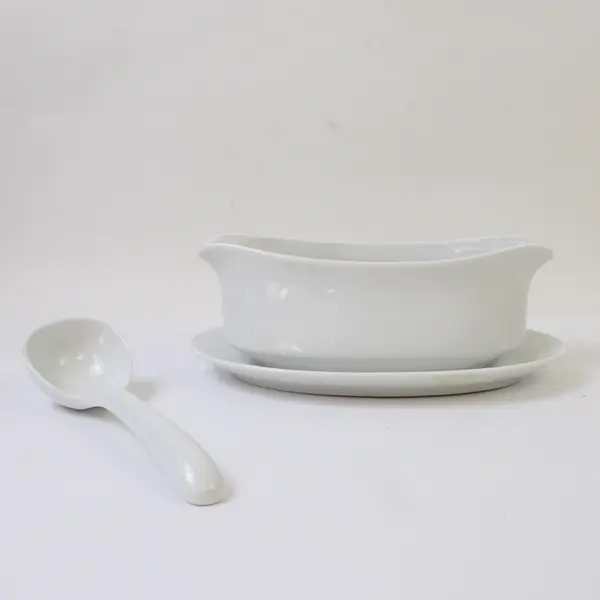 White Ceramic Gravy Boat with Attached Saucer & Matching Ladle