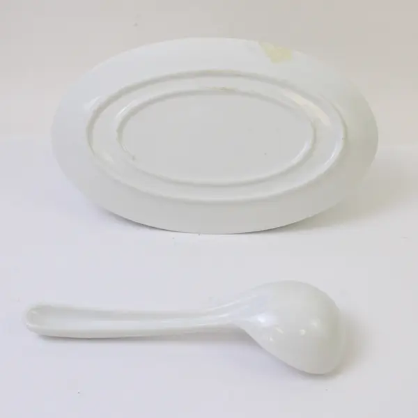 White Ceramic Gravy Boat with Attached Saucer & Matching Ladle