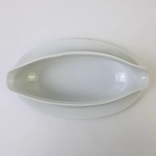 White Ceramic Gravy Boat with Attached Saucer & Matching Ladle