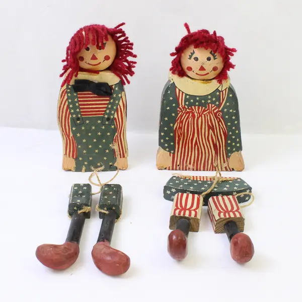 Handmade Wooden Raggedy Ann & Andy Pair of Dolls Movable Legs Twine Rustic