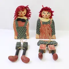 Handmade Wooden Raggedy Ann & Andy Pair of Dolls Movable Legs Twine Rustic