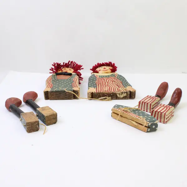 Handmade Wooden Raggedy Ann & Andy Pair of Dolls Movable Legs Twine Rustic