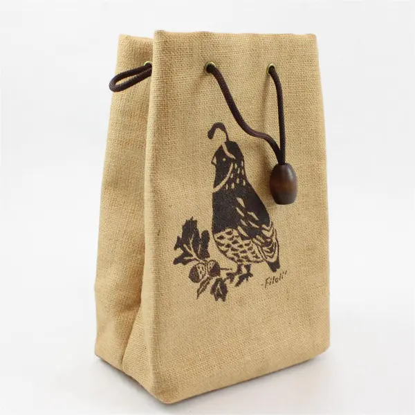 Filoli Burlap Wine Bag Quail Design Drawstring Rustic Bottle Carrier