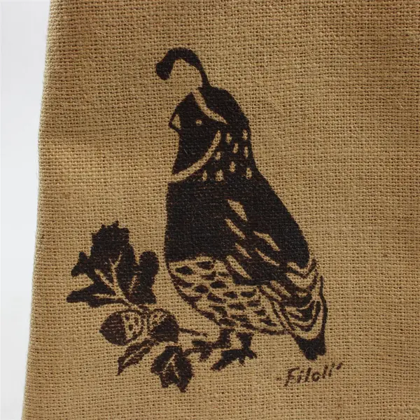 Filoli Burlap Wine Bag Quail Design Drawstring Rustic Bottle Carrier