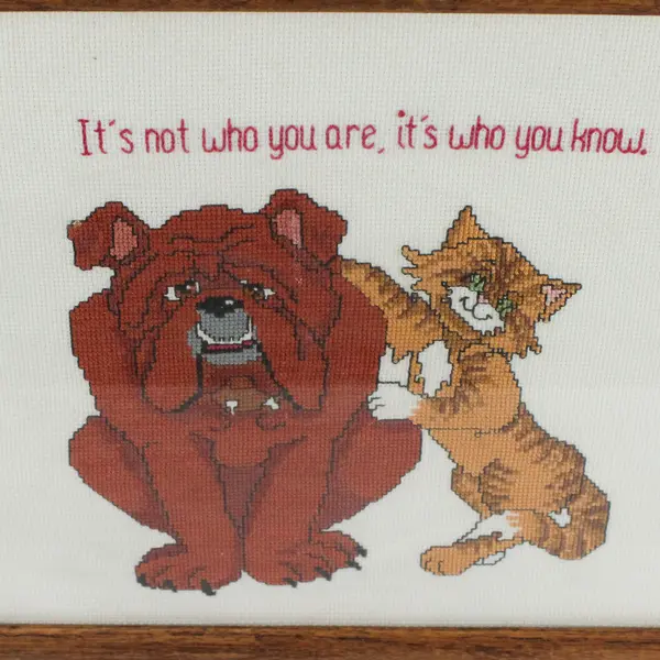 Framed Embroidery Cat & Bulldog "It's Not Who You Are, It's Who You Know" 16x13