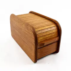 Vintage Teak Roll-Top Floppy Disk Storage Box Mid-Century Wood Desk Organizer