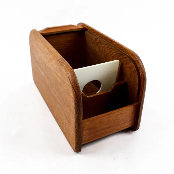 Vintage Teak Roll-Top Floppy Disk Storage Box Mid-Century Wood Desk Organizer