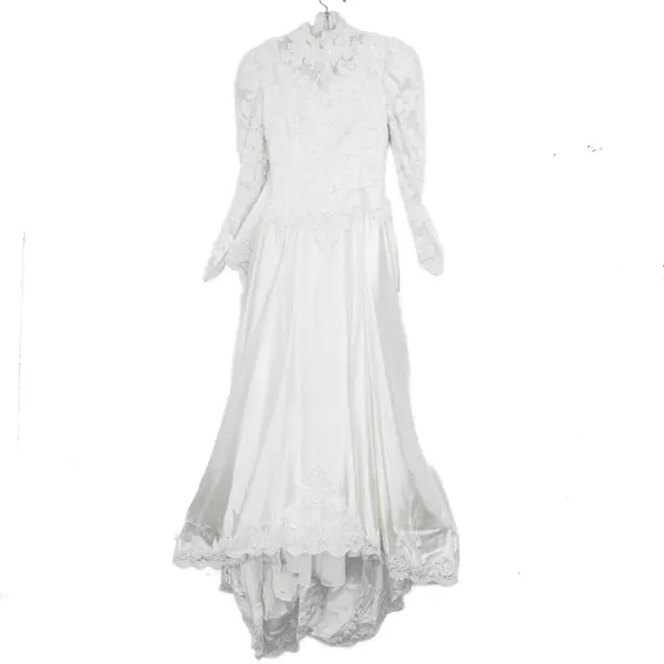 Vintage 1980's Women's 8 White Beaded Lace Long Sleeve Wedding Dress w/ Hat/Veil