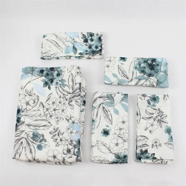 Blue & Off-White Floral Rectangular Tablecloth 50" x 66" with 4 Napkins - Flawed
