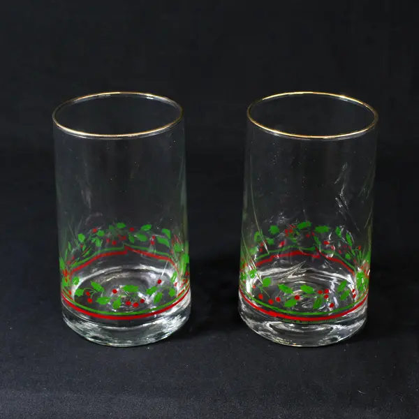 2 Arby's 1983  Holly Berry Christmas Glasses W/ Gold Rim
