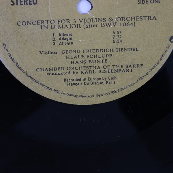 Bach - Concerto For Three Violins & Orchestra 12" Vinyl Record