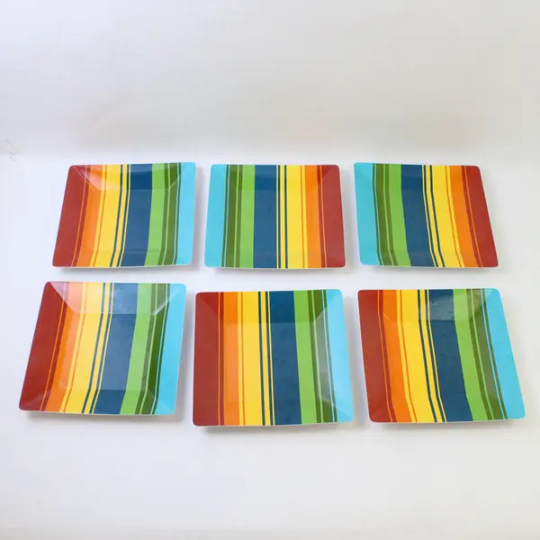 Lot of 6 Colorful Plastic Summer Salad Plates 7" Square Reusable Dishwasher Safe