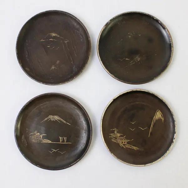Vintage Mid-Century Japanese Lacquer Coasters Set w/ Box - Black