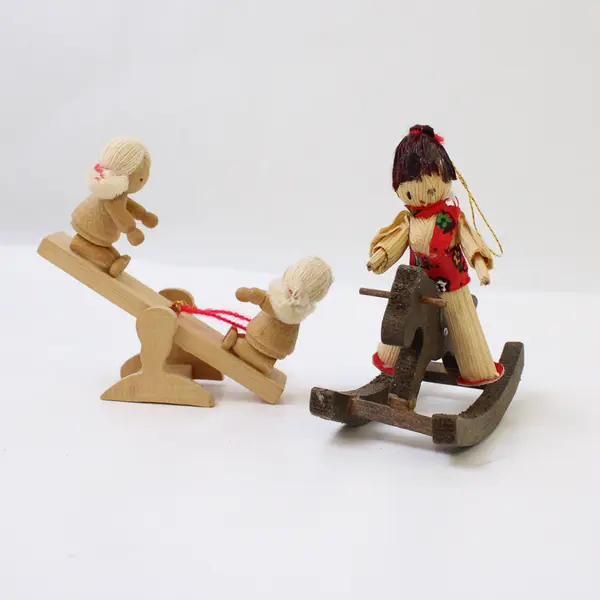 Vintage Lot of 2 Wooden Xmas Ornaments: Girl On Rocking Horse & Teeter Totter 