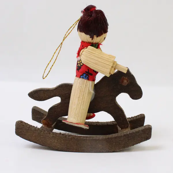 Vintage Lot of 2 Wooden Xmas Ornaments: Girl On Rocking Horse & Teeter Totter 