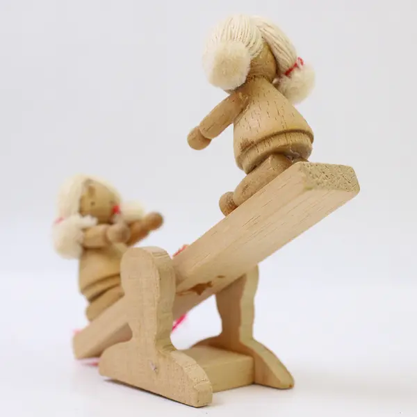 Vintage Lot of 2 Wooden Xmas Ornaments: Girl On Rocking Horse & Teeter Totter 