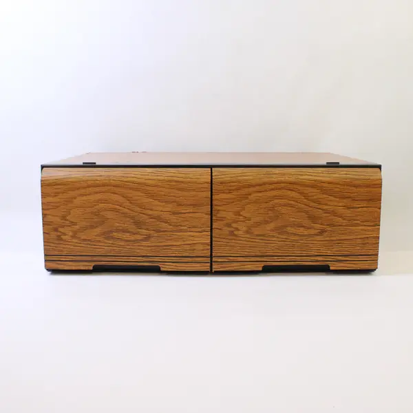 Vintage 2 Drawer VHS Tape Holder Storage Cabinet Faux Wood Holds 18 Tapes