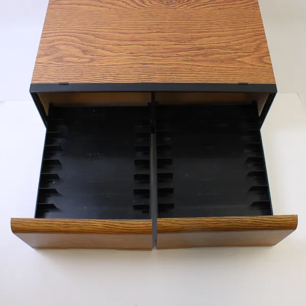 Vintage 2 Drawer VHS Tape Holder Storage Cabinet Faux Wood Holds 18 Tapes