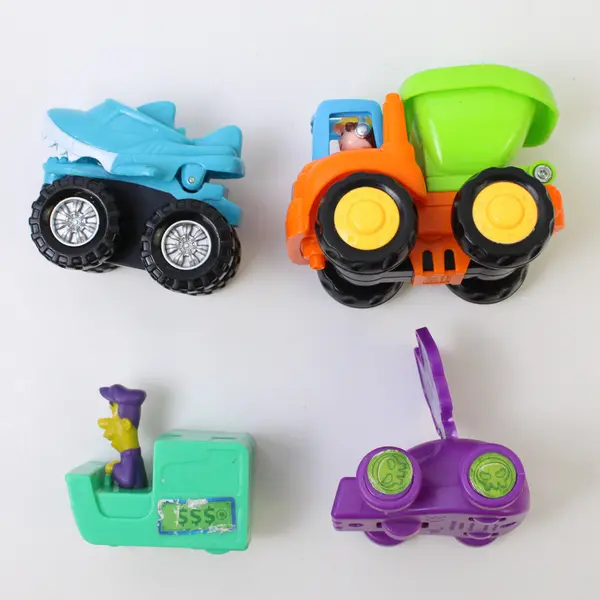 Lot of 4 Toy Cars - Burger King Troll, Shark, Teal & Friction Garbage Truck