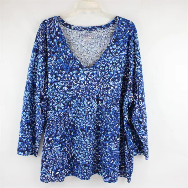 Roaman's Blue Floral Pattern Long-Sleeved V-Neck T-Shirt Women's 2X 26/28