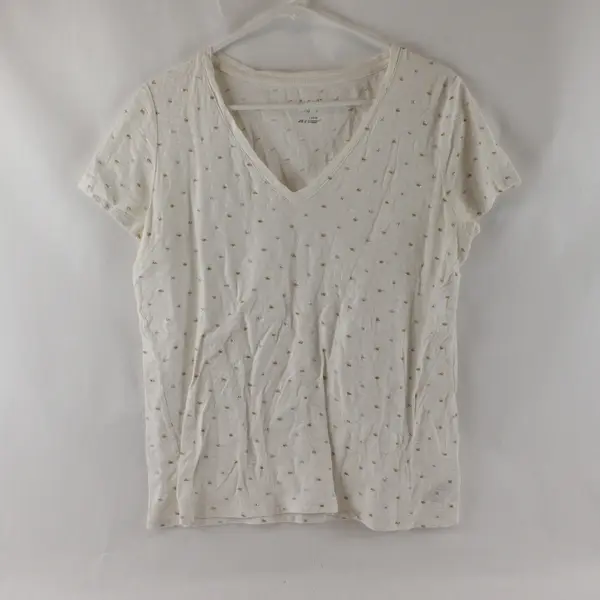 A New Day White V-Neck T-Shirt Silver & Gold Metallic Accents Women's Large