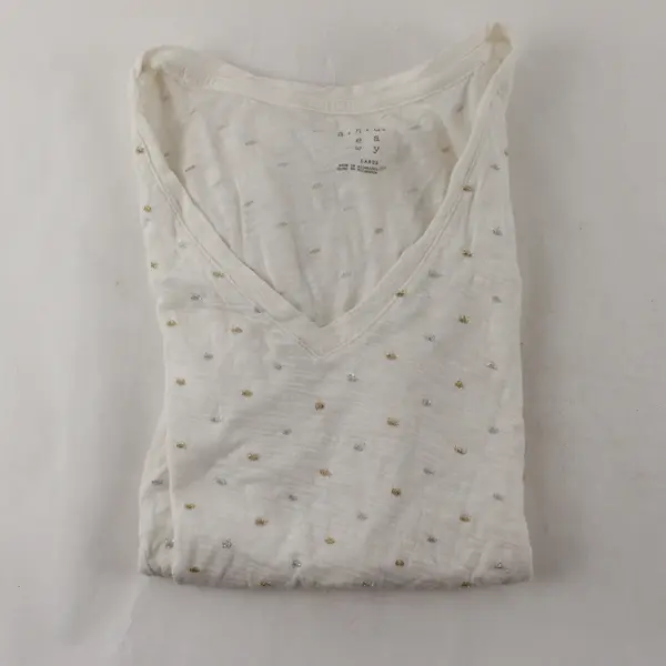 A New Day White V-Neck T-Shirt Silver & Gold Metallic Accents Women's Large