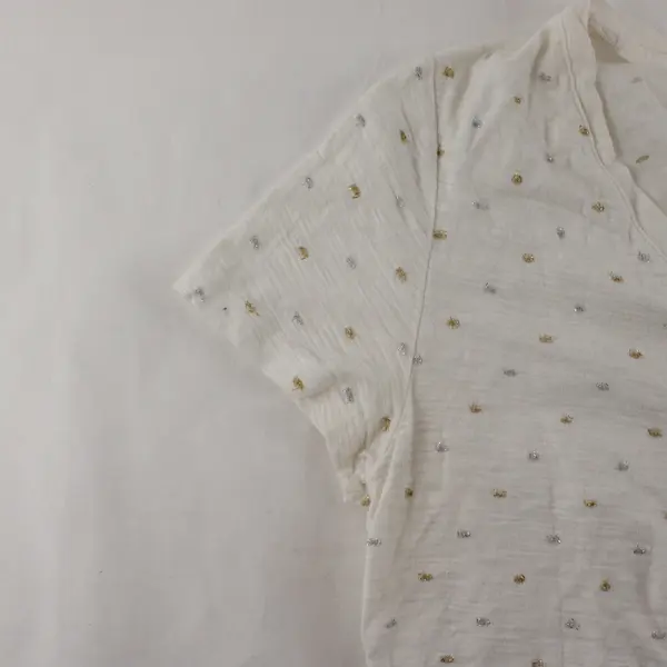 A New Day White V-Neck T-Shirt Silver & Gold Metallic Accents Women's Large