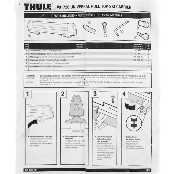 Thule 91726 Universal Pull Top Rooftop Ski Snowboard Carrier - Fits Racks