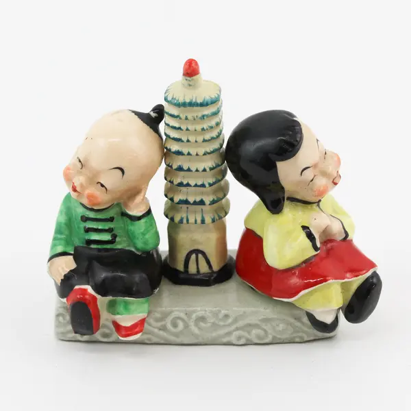 Vintage Japanese Children Sitting Beside A Pagoda 3-pc Salt & Pepper Shaker Set