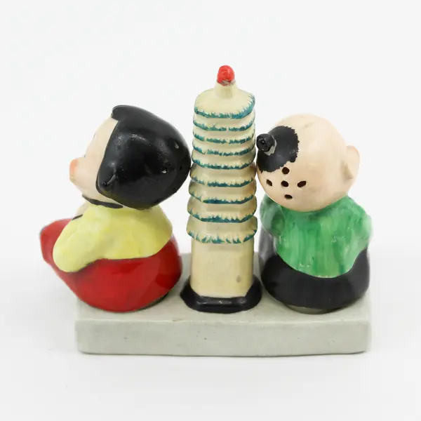 Vintage Japanese Children Sitting Beside A Pagoda 3-pc Salt & Pepper Shaker Set