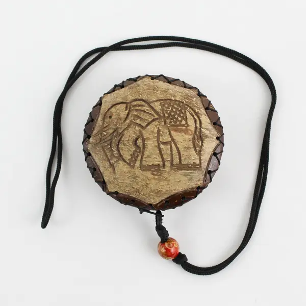 Vintage Hand-Carved Coconut Shell Pendant Necklace, Zip Closure, 19.8" L