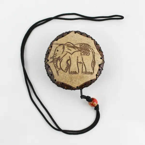 Vintage Hand-Carved Coconut Shell Pendant Necklace, Zip Closure, 19.8" L