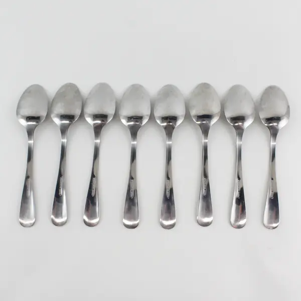 Lot of 8 Stainless Oval Shaped Soup Spoons Made in China 7" Long Good Condition