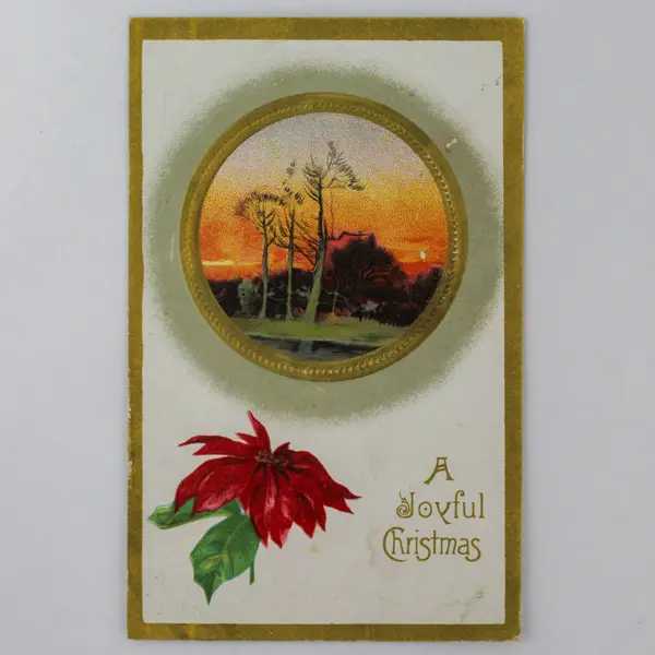 Vintage 1910s A Joyful Christmas Trees Poinsettia Embossed Postcard