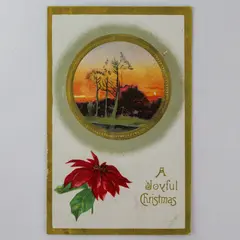 Vintage 1910s A Joyful Christmas Trees Poinsettia Embossed Postcard
