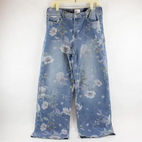 Poppy & Grace Women's 31 Light Wash Printed Floral Design Wide Leg Denim Jeans 
