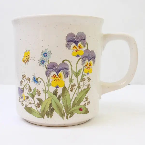 Lot of 2 Ceramic Coffee Mugs White Floral & Black 'T' Used