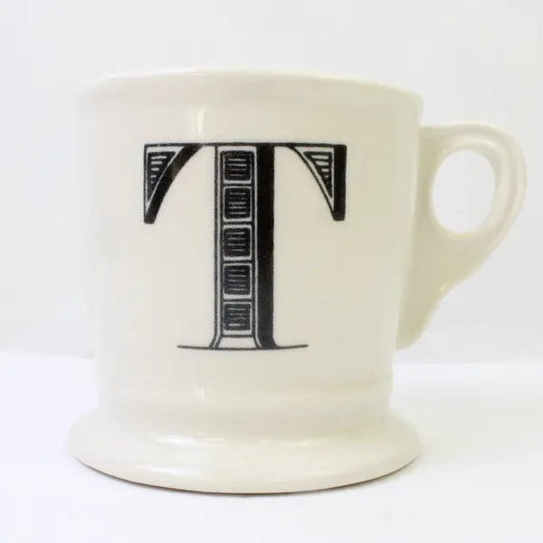 Lot of 2 Ceramic Coffee Mugs White Floral & Black 'T' Used