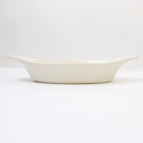 Lot of 2 White Ceramic Baking Dishes Ribbed Sides Handles 9in Bakeware