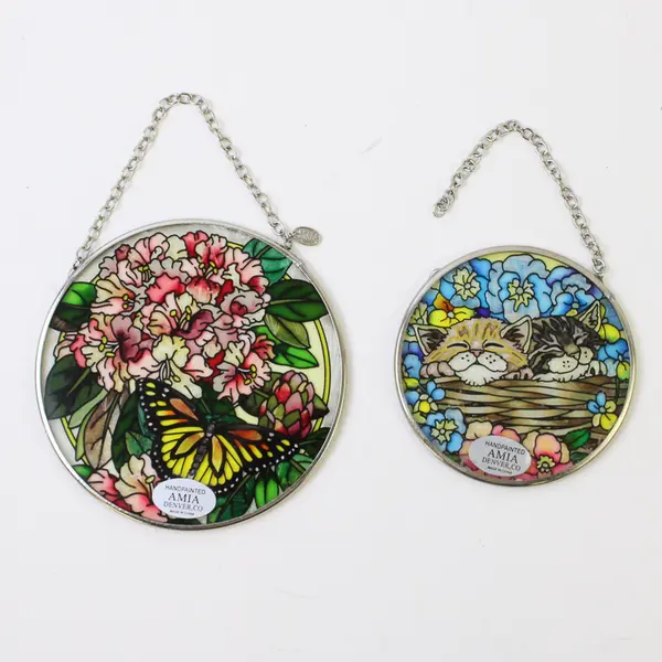 Lot of 2 Vintage AMIA Hand-Painted Suncatchers Cats and Flowers/Butterfly