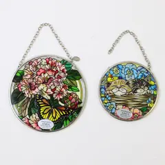 Lot of 2 Vintage AMIA Hand-Painted Suncatchers Cats and Flowers/Butterfly