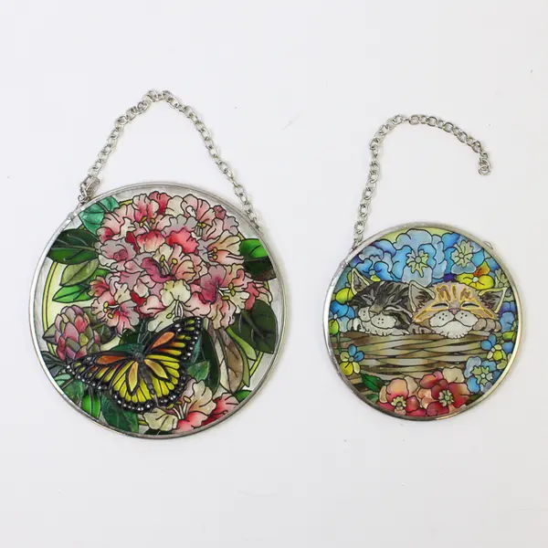 Lot of 2 Vintage AMIA Hand-Painted Suncatchers Cats and Flowers/Butterfly