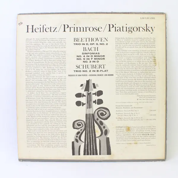 Heifetz Primrose Piatigorsky Beethoven Bach Schubert Classical 12" Vinyl Record