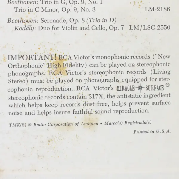 Heifetz Primrose Piatigorsky Beethoven Bach Schubert Classical 12" Vinyl Record