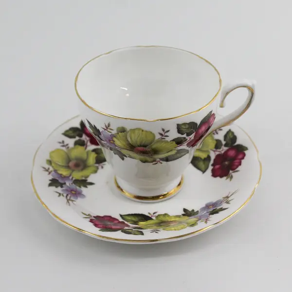 Lot Of 2 Royal Sutherland Yellow/Pink Floral Pattern Ceramic Teacup & Saucer